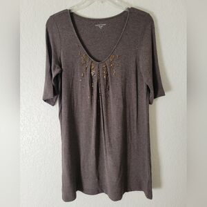 Eileen Fisher Brown V-Neck Top with Gold Accents